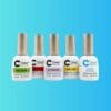 Five bottles of Chisel Dip Essentials 0.5oz on a gradient blue background, labeled Chisel Dip Essentials 0.5oz, Chisel Dip Essentials 0.5oz, Activator, Chisel Dip Essentials 0.5oz, and Super Chisel Dip Essentials 0.5oz. Each bottle contains 15 ml (1/2 fl. oz).