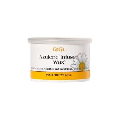 A 13 oz container of GiGi Azulene Wax, infused with soothing ingredients. The sleek white container boasts a vibrant yellow label adorned with a delicate flower image.