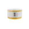 A roll of white adhesive labels with yellow borders, similar to the GiGi Cloth Epilating Roll 50 yards, showcasing a barcode on the side.