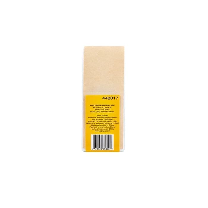 A plain rectangular product package with a yellow label on the back displaying text, a barcode, and the number 448017 contains Gigi Medium Cloth Epilating Strip.