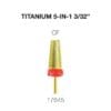 Image of a Cre8tion 5 in 1 Titanium Tungsten Bit 3/32” featuring a cylindrical, textured gold tip and a red ring labeled CF. The drill bit is identified with the number 17645.