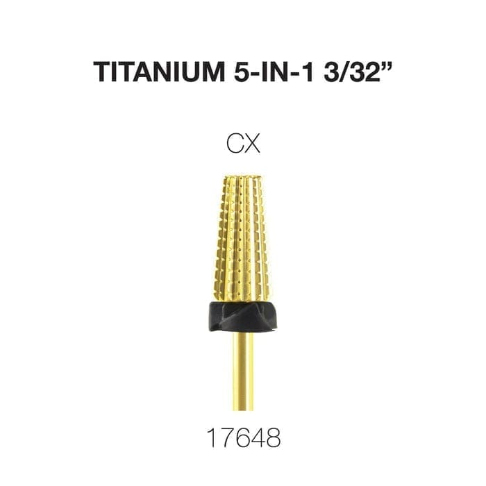 Image of the Cre8tion 5 in 1 Titanium Tungsten Bit 3/32" with product code 17648. The bit is gold-colored and has a textured, conical shape.