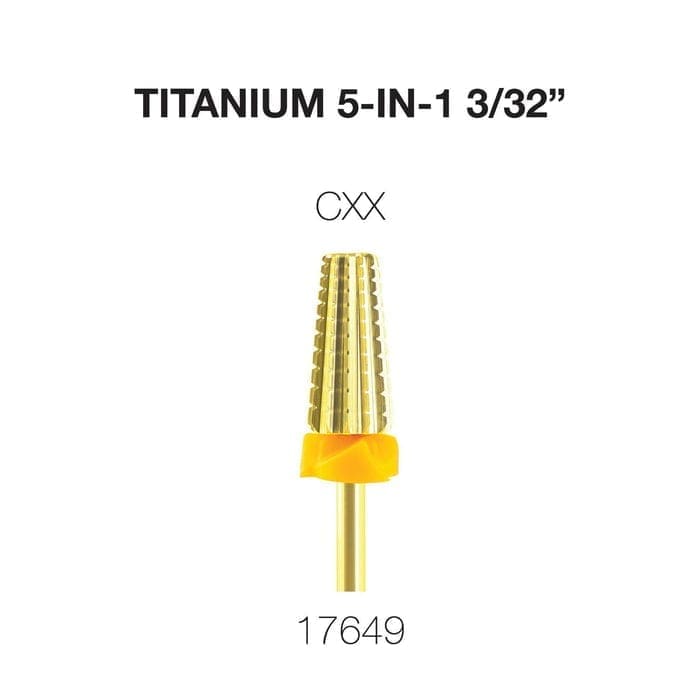 Image of a Cre8tion 5 in 1 Titanium Tungsten Bit 3/32" with a gold finish, featuring a textured surface and a yellow safety cap at the base. Item number 17649 is displayed below the bit.