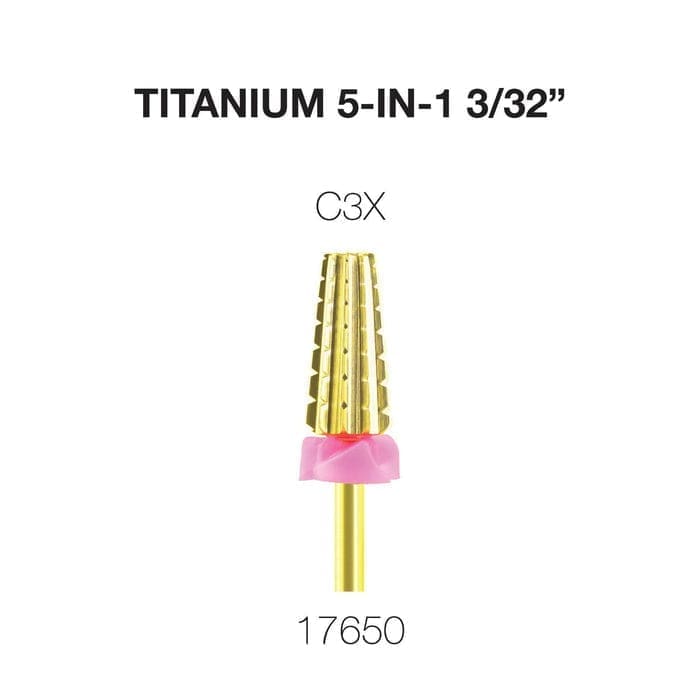 Image of a gold Cre8tion 5 in 1 Titanium Tungsten Bit 3/32" with a pink base, labeled "C3X" and "17650", and text reading "Titanium 5-IN-1 3/32".