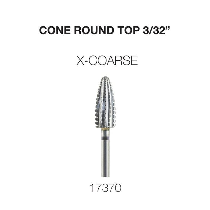 Close-up image of a cone-shaped, extra-coarse drill bit labeled "CONE ROUND TOP 3/32" X-COARSE" with product code 17370 shown below. This Cre8tion 2-Way Carbide Tornado Bit 3/32" Cone Round Top guarantees precision and durability.