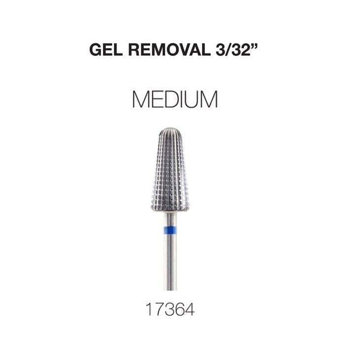 Image of a nail drill bit labeled "Gel Removal 3/32" Medium" with the product number 17364. The Cre8tion 2-Way Carbide Tornado Bit 3/32" Gel Removal features a textured surface and a narrow blue band near its base, making it ideal for efficient gel removal.