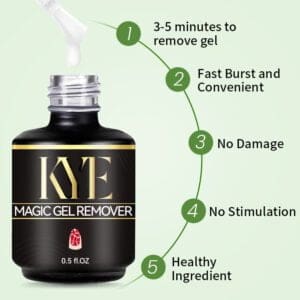 The black bottle of KYE Magic Gel Remover 0.5oz with a dropper highlights its features: fast removal (3-5 minutes), convenience, no damage, no stimulation, and healthy ingredients. Compact in size for easy handling and storage.