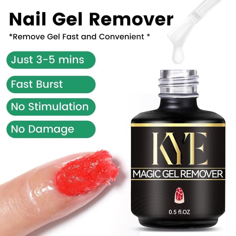 A 0.5oz bottle of KYE Magic Gel Remover is displayed alongside a close-up of a fingertip coated in gel. The features highlighted include its effectiveness within 3-5 minutes, rapid action, lack of irritation, and non-damaging properties.