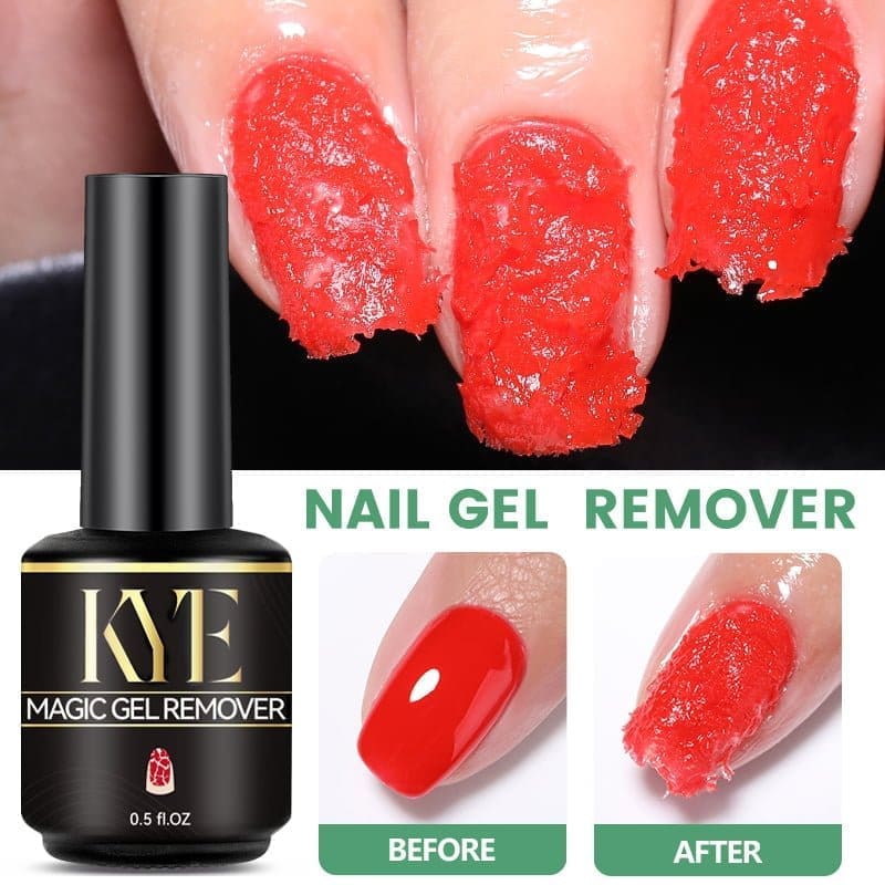 A bottle of KYE Magic Gel Remover 0.5oz and a close-up of fingernails with the red gel polish removed are shown. Below, two images illustrate the "Before" with smooth polish and "After" with the polish removed. Text: "KYE Nail Gel Remover.