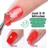 The KYE Magic Gel Remover 0.5oz efficiently removes red gel nail polish from your nails in just 3-5 minutes, without causing any stimulation or damage. Before and after images clearly demonstrate the impressive results of the removal process.