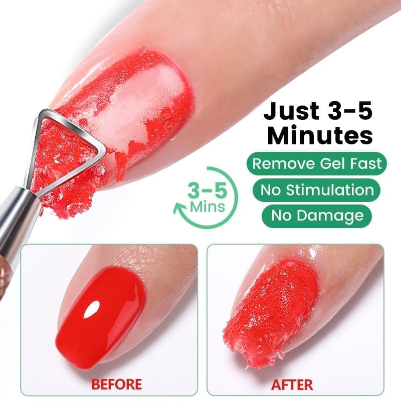 The KYE Magic Gel Remover 0.5oz efficiently removes red gel nail polish from your nails in just 3-5 minutes, without causing any stimulation or damage. Before and after images clearly demonstrate the impressive results of the removal process.