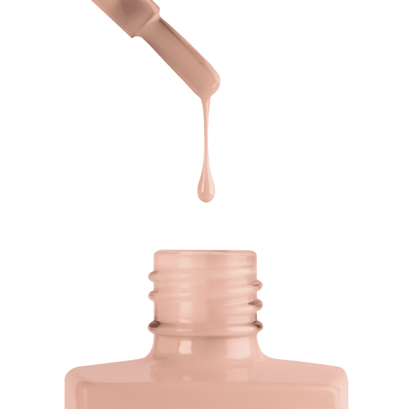A bottle of apres Gel Color Nude is being poured onto a white background.