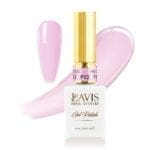 A bottle of Lavis Gel Pink Collection 0.5oz with a gold cap, shade "Pink Collection P12," is displayed alongside a sample of the light pink nail color. The 15 mL bottle is perfect for achieving a flawless manicure.