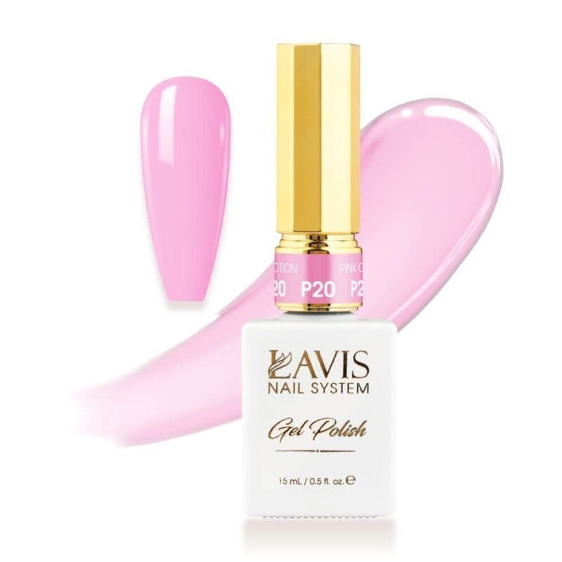 A 0.5oz (15 mL) bottle of Lavis Gel Pink Collection in shade P20, featuring a pink polish color sample alongside a pink smudge.