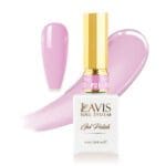 A 0.5oz bottle of Lavis Gel Pink Collection Nail Polish, featuring a white body with a gold cap and labeled shade P21, which comes in a pink hue. A sample swatch and brush stroke of the pink polish are displayed next to the bottle.