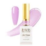 A bottle of Lavis Gel Pink Collection 0.5oz in shade P22, with a sample of the light purple nail color swatched beside it.