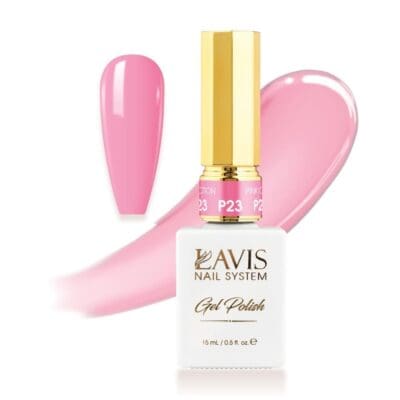 Bottle of Lavis Gel Pink Collection 0.5oz in shade P23 "Pink Cotton" with a color swatch and brush stroke.