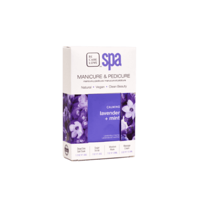 BCL Spa Manicure & Pedicure 4-Step System Single Box with lavender flowers for a soothing pampering experience.