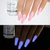 A set of fingernails painted with Cre8tion Gel Glow In The Dark 0.5oz nail polish, shown under normal lighting conditions and then glowing in the dark.