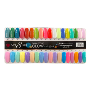 A palette of colorful Cre8tion Gel Glow In The Dark 0.5oz soak-off gel nail polishes displayed in a gradient order.