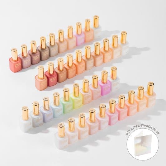Rows of colorful nail polish bottles with golden caps are arranged neatly on a white surface, showcasing the Apres Light & Shadow Sheer Gel Collection 10ml. A small circular inset in the bottom right corner advertises a free swatch book.