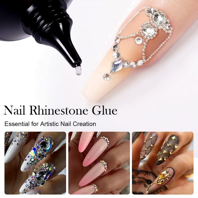 Close-up of a nail adorned with rhinestones applied using KYE 3-in-1 Nail Rhinestone Glue 30g. Below, three different nail art designs display rhinestones and intricate patterns. Text reads, "KYE 3-in-1 Nail Rhinestone Glue: Essential for Artistic Nail Creation.