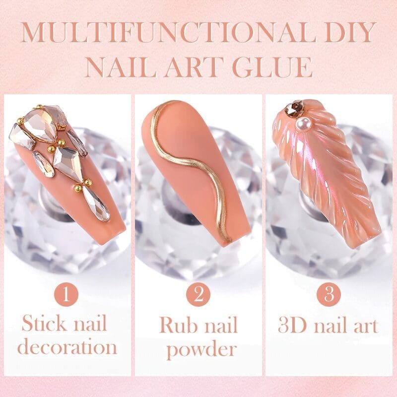 Image showing three nails with different nail art designs created using the KYE 3-in-1 Nail Rhinestone Glue 30g. The designs include nail decorations, rubbed nail powder, and 3D nail art.