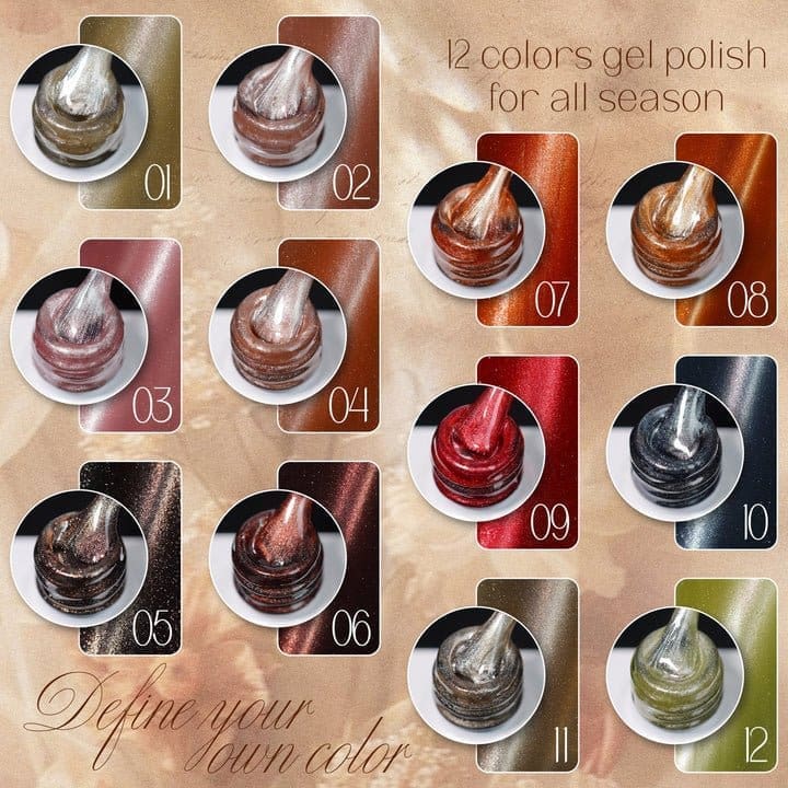 Introducing the LAVIS Cat Eye CE15 - Fangtastic Collection: A showcase of 12 gel polish colors, each presented in a bottle along with a swatch. The hues span from stunning metallics to vibrant reds and greens. "Fangtastic Collection: 12 gel polish colors for all seasons. Define your own color.